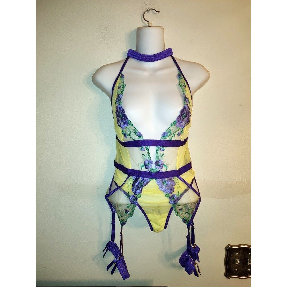 Women's Mapale Embroidered Yellow Purple Green Lingerie with Mesh Size S / M